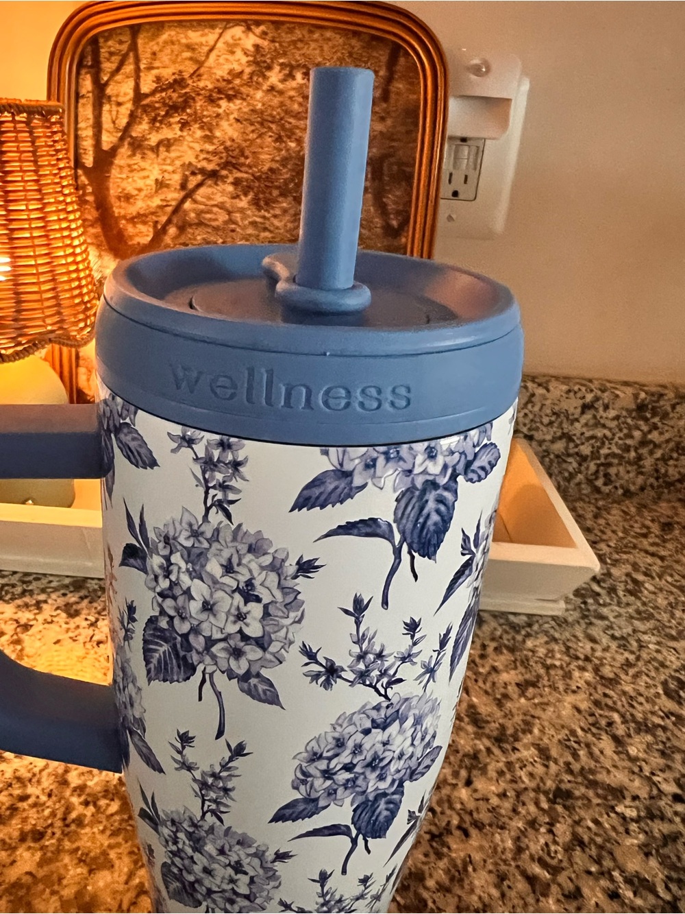Wellness Blue Floral Travel Tumbler with Handle and Straw - Picture 2 of 4